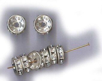 vintage RHINESTONE RONDELLES, silvertone, EIGHT large antique rhinestone rondelles bridal finding 10mm