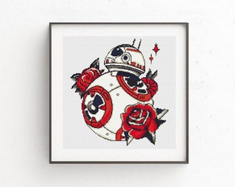 Star Wars cross stitch pattern BB-8 Floral cross stitch PDF Modern cross stitch Easy Counted cross stitch chart Star Wars Rose embroidery