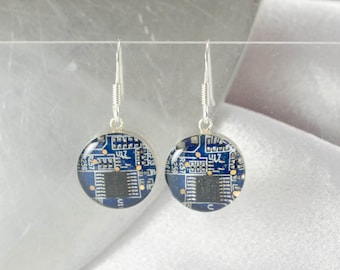 Circuit Board Earrings, Blue Sterling Silver Jewelry, Blue Dangle Earrings, Software Engineer, Women in Computing, Wearable Technology