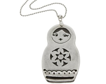Russian Babushka Sterling SIlver Pendant Necklace, Babushka Necklace, silver babushka, 925 babushka doll pendant, babushka doll necklace