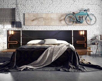 King size Blackened steel headboard with copper lights and shelf