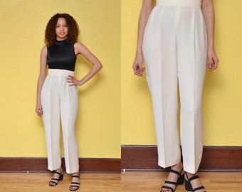80s High Waisted White Pants Structured Minimal Tapered Trousers - 27 28 inch Waist