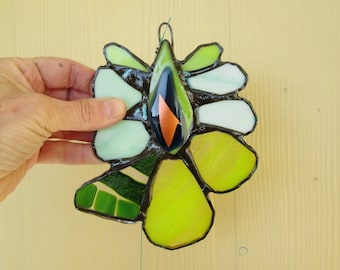 Stained Glass Flower Suncatcher Sunflower with Fused Dichro Centerpiece - Little Green Monster