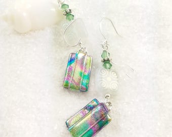 Pastel dichroic glass earrings, fused glass jewelry, artistic earrings, unusual jewelry, rainbow earrings, handmade jewelry, glass fusion