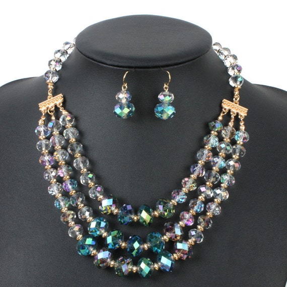 Swarovski Iridescent Multi layer Crystal Beaded Necklace Set