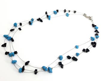 Turquoise and Black Stone Three-strand Necklace