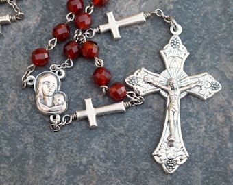 Red Gemstone Rosary of Carnelian, 5 Decade Rosary with Silver Tone Crosses, Catholic Rosary