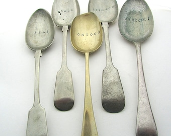 Big Spoon Vegetable Garden Labels, Hand Stamped Mismatched Vintage Serving Spoons, 9 Inches, Rustic Plant Markers