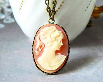 Carnelian Woman Cameo Pendant Lady Cameo Necklace Mother's Day Gift Cameo Necklace Victorian Cameo Coral Girl Cameo Silhouette Antique Brass