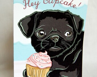 Black Pug 'n Cupcake Greeting Card