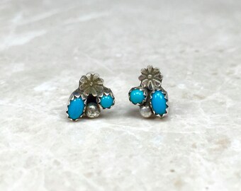 Sterling Turquoise, Silver Turquoise, Turquoise Earrings, Turquoise Posts, Turquoise Studs, Vintage Turquoise, Sterling Flowers, Blue Studs