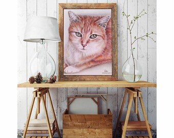 cat print, cat art, Tabby Cat, cat poster, cat wall decor, cat illustration, cat picture, gift cat lover, animal print, aniomal art, orange