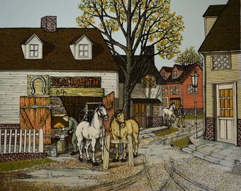 Vintage Blacksmith with Horses 20x24 Canvas Print - Signed by H. Hargrove
