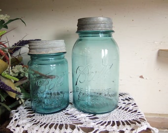 2 Vintage Aqua Blue Mason Jars One Quart and One Pint Sized with Zinc Lids