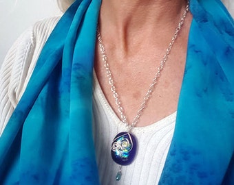Ocean blue fused dichroic glass sterling wire-worked dangling pendant