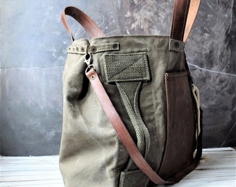 Recycled military canvas bag, oiled cowhide leather,, Crossbody bag from recycled military elements French Upcycled