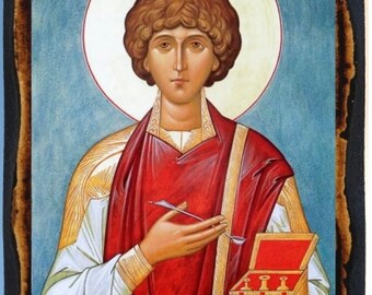 Saint Pantaleon (Panteleimon) Greek Orthodox Russian Mount Athos Christian Catholic Icon on Wood