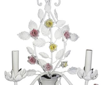 Pair Vintage Italian Tole Sconces Shabby White Rose Porcelain Sconces Pair Italian Pink/Yellow Tole Porcelain Sconces