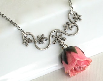 Real Pink Rosebud Necklace - Real Flower Jewelry, Nature Jewelry, Rose Necklace