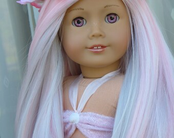 OOAK Fantasy Mermaid Custom American Girl 18" Doll Hand Painted Eyes Pink White Gray Hair