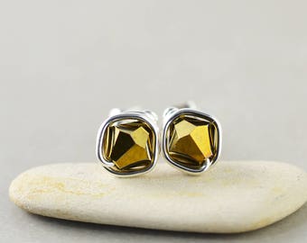 Gold Crystal Studs, Bicone Crystal, Gold Posts, Sterling Silver Studs
