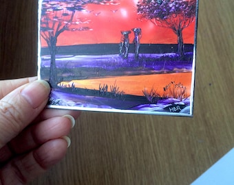 Africa Sunset Landscape ACEO Miniature Art Painting By Hazel Rayfield