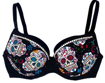 Sexy Women's Sugar Skull Bra, Flower Skulls Bra, Aztecs Skulls with Rhinestone Bra, dia de los muertos, Skull Bra 32A-46DDD (001)