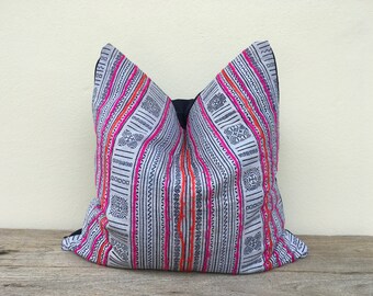 Vintage HMONG PINK, Cotton Tribal Hand Print Patch Work, PILLOW Case, 20" x 20" Pieces Of Retro Tribal Costume Indigo hemp on reverse