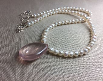 Freshwater Pearl Necklace with Rose Quartz Briolette in Sterling Silver