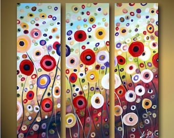 Original Abstract Whimsical Oil Painting DANCING FLOWERS Triptych Art CUSTOM