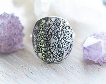 Selene Mandala Ring, Engraved Ring, 925 Sterling Silver Ring, Boho Ring, Gypsy Solid Sterling Statement Ring, Personalized Ring, Handmade