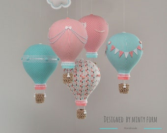 Turquoise Coral Pink White Hot Air Balloon Mobile Travel Theme Nursery Decor Custom Mobile World Map