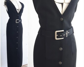 Vintage 90's Black Jumper dress, Black Military dress, Belted Midi dress
