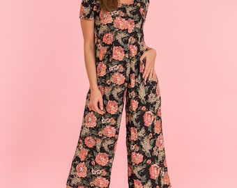 Vintage Black And Pink Floral Gaucho Romper (Size Medium)