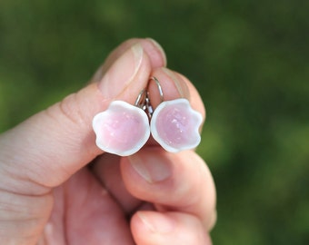 Handmade Pink Porcelain earrings “LittlePinky”, bell flower earrings, flower earrings, White and pink earrings, gift for her, gift under 30