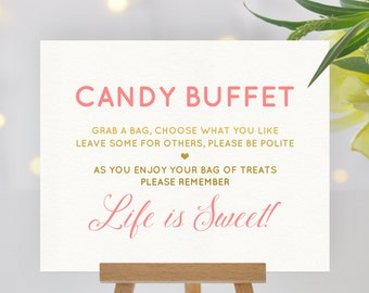 Coral pink and gold candy buffet sign - Grab a Bag - Gold Party decor, Printable candy bar sign, Dessert table, Baby Shower, Wedding decor