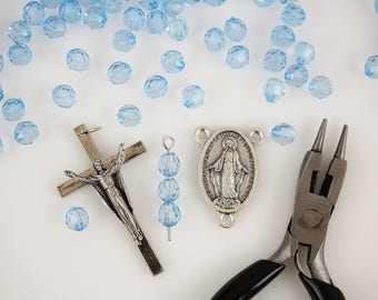 60 Acrylic Blue Beads for Rosary Making - 6mm Round Faceted Light Blue Transparent Prayer Beads for Five Decade Rosary (AB08)