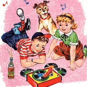 Kids Listening to Records on Phonograph - Digital vintage image - instant download