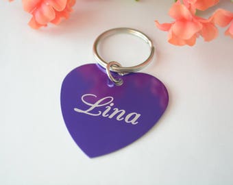 Personalized Heart Keychain, Heart Shaped Keyring, Personalized Keychain, Engraved Dog Tag, Stocking Stuffers for Women, Engraved Keychains