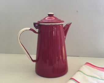 Red Enamel Ware Coffee Pot, Emalia Olkusz 1907, Vintage Enamelware, Red and White Tea Pot