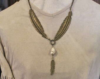 2pc Set Brass Feather & Dyed Howlite Necklace