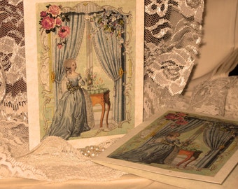 Vintage French Design Marie Antoinette Handmade Cards Adormed with Bling on Parchment ECS