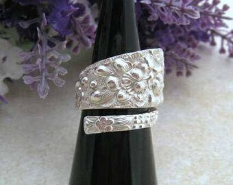 Sterling Silver SPOON RING Floral Bypass Wrap ring, Gift for Her, Upcycled from 1930s vintage spoon (Stieff Rose). Size Q / US 8 1/4.