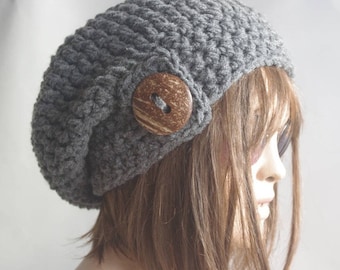 womens hat winter hat hats chemo hat Slouchy Hat GRAY Knit Hat children hat button beanie valentines day Woman Crochet hat Gift for her