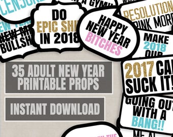 Adult New Years Photo Booth Props, 2018 Funny New years party photo booth printable props, speech bubble photobooth props for rude new years