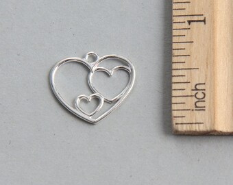 Heart Pendant, 925 Sterling Silver Charm, Heart Charm, Sterling Silver Heart Charm, Three Hearts Charm, Silver Heart Charm, 19mm ( 1 piece )