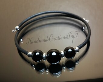 Black Tourmaline Bracelet, Gemstone, Silver, Womens, Simple Cuff Style Jewelry