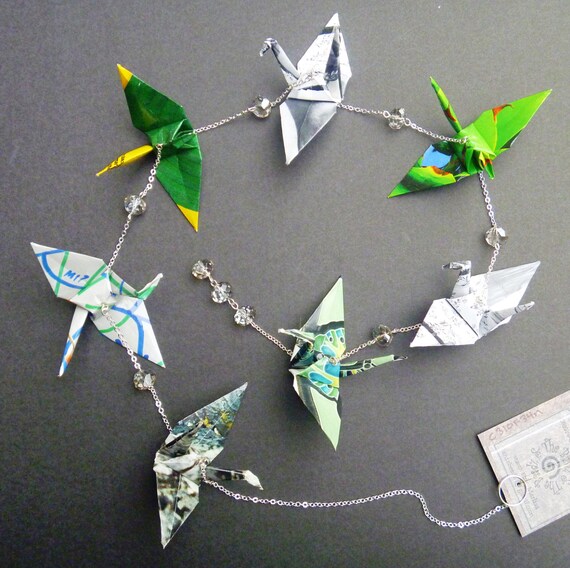 Hanging Origami Cranes chain of 7 FREE SHIPPING bright and