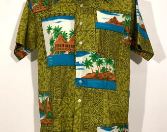 Vintage Sears Kings Road Full Cut Perma-Prest GreenHawaiian Shirt Mens Medium