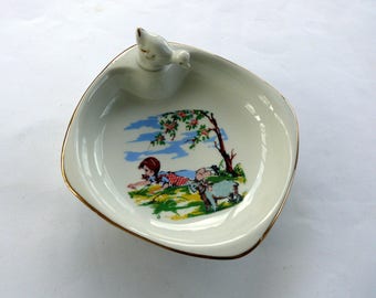 Vintage French Gold Trim Porcelain Warming Bowl for Baby, French Baby Food Bowl, Baby Plate, Hand Painted French Porcelain, Baby Shower Gift